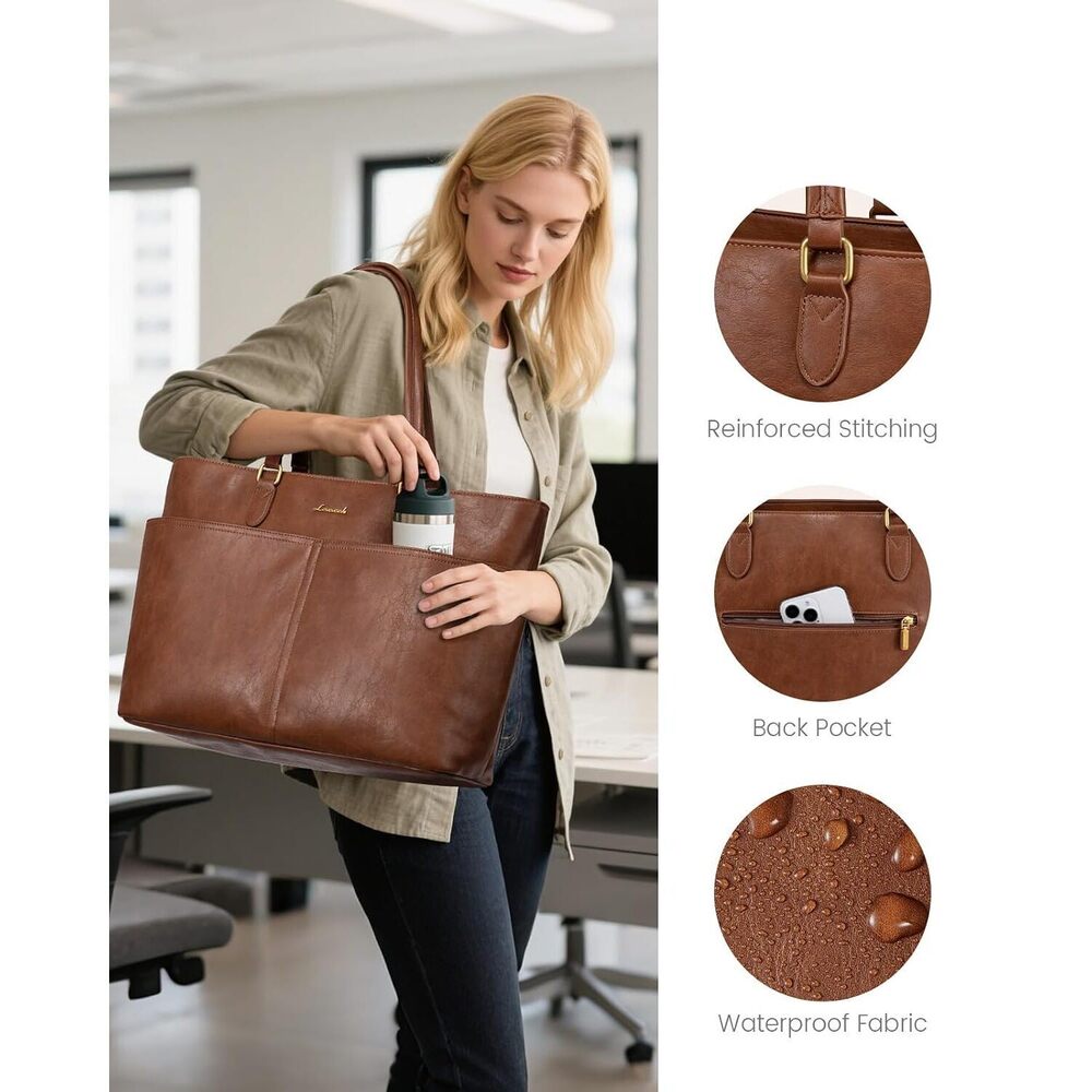 Work Tote Bags for Women, Vintage Leather 15.6 Inch Laptop Bag with - Picture 6 of 6